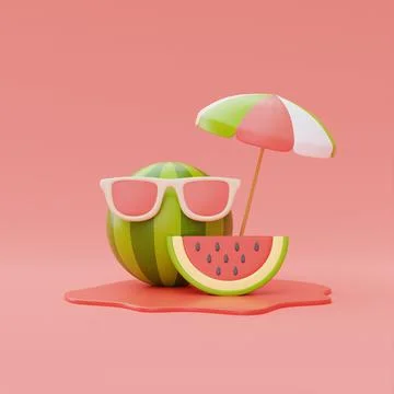 Slice of watermelon with beach umbrella isolate on orange background, summer  Illustrazione stock