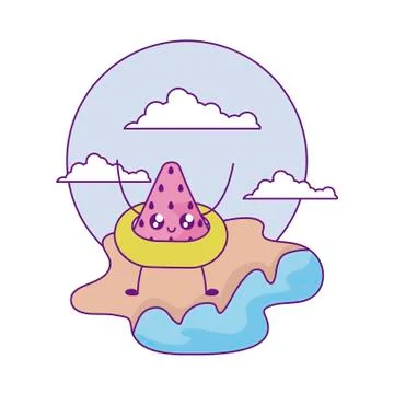 Slice of watermelon with float in beach kawaii Stock Illustration