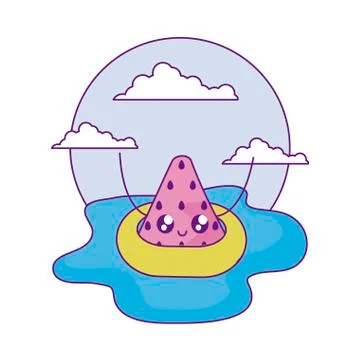Slice of watermelon with float in sea kawaii Stock Illustration