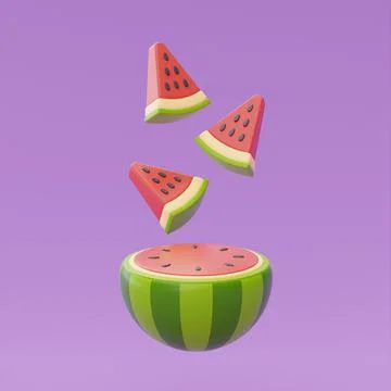 Slice of watermelon floating isolate on purple background, summer fruits, 3d  Stock Illustration