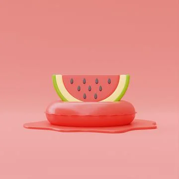 Slice of watermelon with inflatable ring isolate on red background, summer fr Stock Illustration