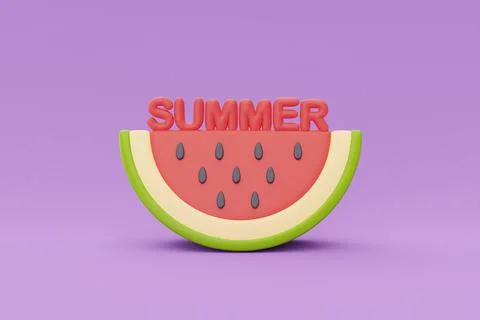 Slice of watermelon isolate on purple background, summer fruits, 3d rendering Stock Illustration