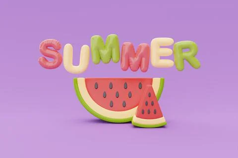 Slice of watermelon isolate on purple background, summer fruits, 3d rendering Stock Illustration