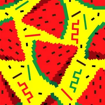 Slice of watermelon pixel art pattern seamless. 8 bit Red melon background Stock Illustration