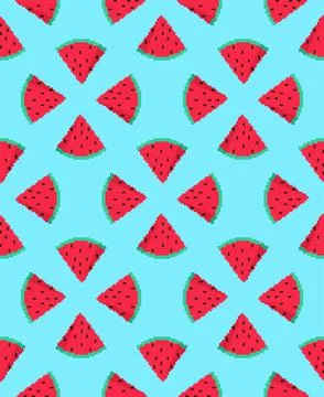 Slice of watermelon pixel art pattern seamless. 8 bit Red melon background Stock Illustration