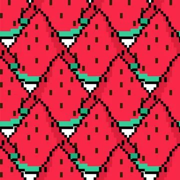 Slice of watermelon pixel art pattern seamless. 8 bit Red melon background Stock Illustration
