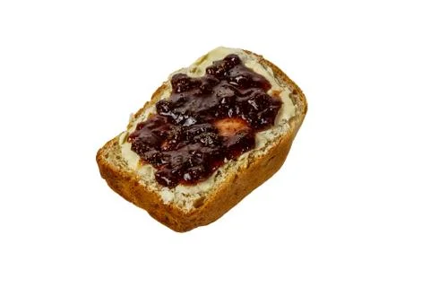 Slice of white bread with butter and strawberry jam isolated Stock Photos
