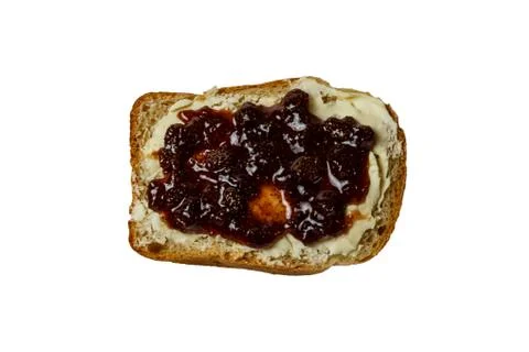 Slice of white bread with butter and strawberry jam isolated Stock Photos