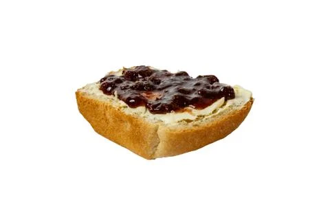 Slice of white bread with butter and strawberry jam isolated Stock Photos