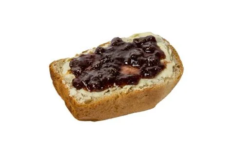 Slice of white bread with butter and strawberry jam isolated Stock Photos