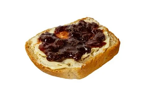 Slice of white bread with butter and strawberry jam isolated Stock Photos