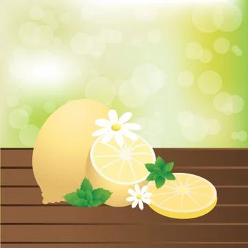 Sliced and full lemons on table with camomile and mint composition Stock Illustration