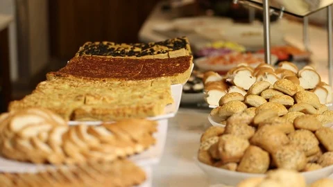 Sliced artisanal bread breads and crackers on buffet 2 Stock Footage 123875419