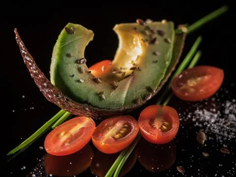 Sliced avocado, halfs of cherry tomatoes and chives on the black reflective Fotos de archivo