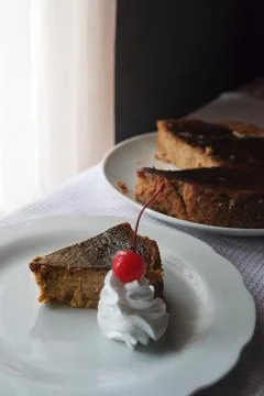 Sliced of Basque Burnt Cheese Cake, a Spanish Traditional Cheesecake. Baked.. Stock Photos