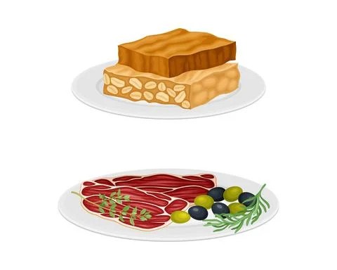 Sliced Beef Meat Garnished with Olive and Herbs and Turron Dessert as Spanish Illustrazione stock