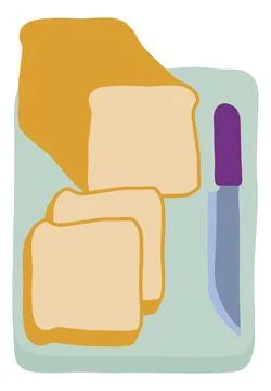 Sliced Bread and Knife On Chopping Cutting Board Stock Illustration