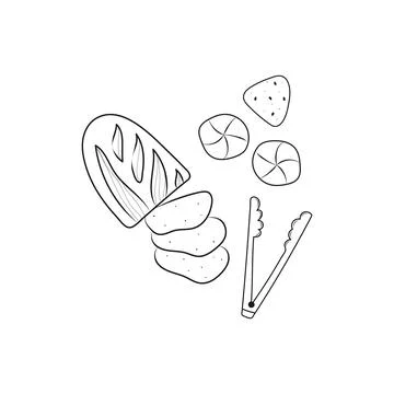 Sliced bread, buns in doodle style. Hand drawn bakery vector illustration. Illustrazione stock