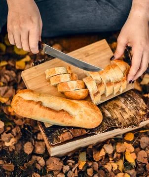 Sliced bread for a picnic in the woods Stock Photos