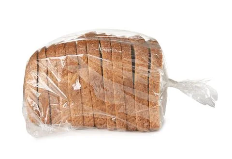 Sliced bread in plastic bag on white background Stock Photos