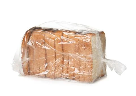 Sliced bread in plastic bag on white background Stock Photos