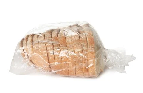 Sliced bread in plastic bag on white background Stock Photos