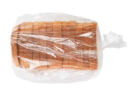 Sliced bread in plastic bag on white background, top view Stock Photos