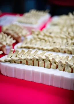 Sliced bread rolls on a pink table at a bakery or market Stock Photos