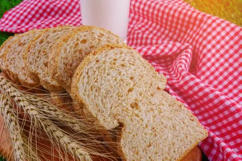 Sliced breads and milk flat lay Stock Photos