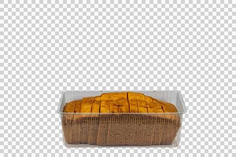 Sliced brown loaf of bread in a clear plastic rectangular container, isolat.. Stock Photos