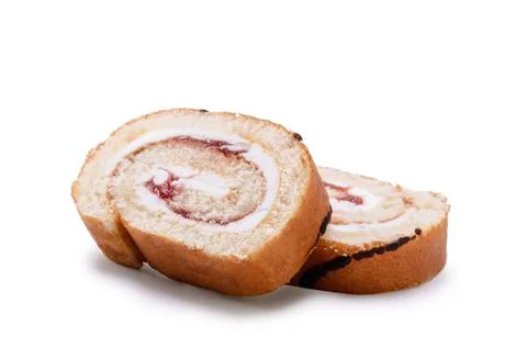 Sliced cake roll on white background Stock Photos