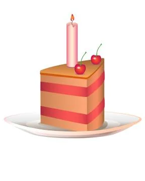 Sliced cake. Slice of cherry cake with cherries, frosting and a candle Stock Illustration