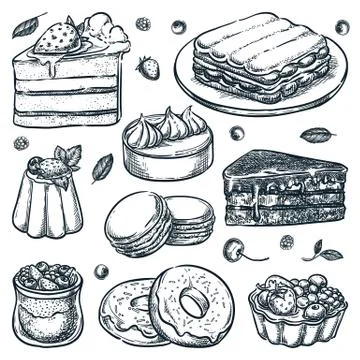 Sliced cakes collection. Vector hand drawn sketch illustration. Desserts icon Stock Illustration