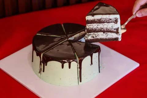 Sliced Chocolate Mint Layer Cake with Ganache Drip on Red Background Фото