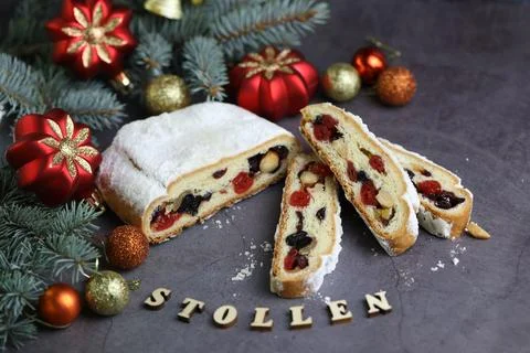 Sliced Chrismas stollen Stock Photos