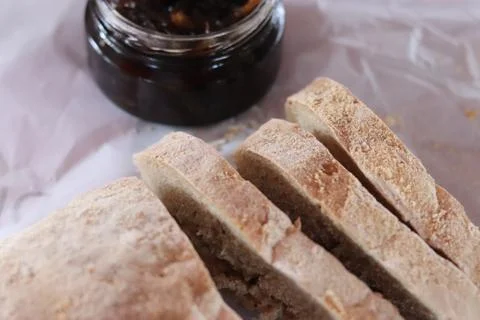 Sliced ciabatta bread with jam Stock Photos