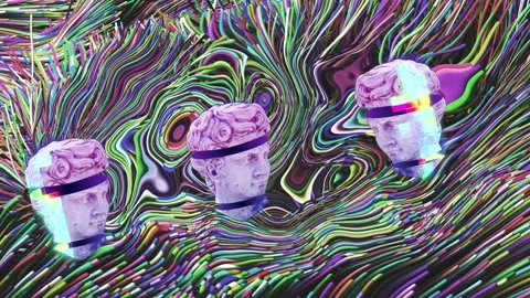 Sliced classic statue heads moving over multicoloured liquid swirl background Stock Footage 250072184
