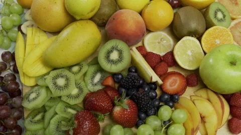 Sliced up, colorful fruit - high shot Stock Footage 341027212