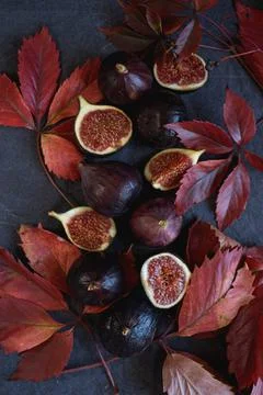 Sliced figs on a dark background. Composition decorated with red grape leaves Stock Photos