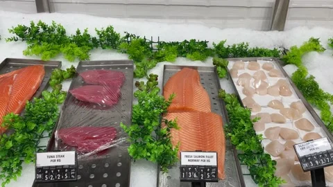 Sliced fish in supermarket  Stock Footage 233855970