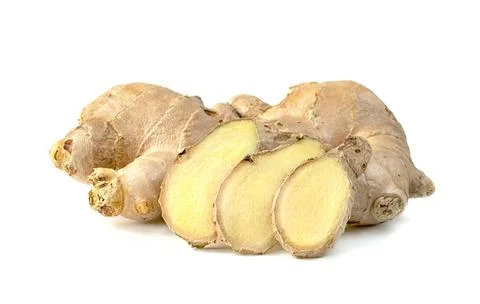 Sliced fresh ginger root isolated on white background Stock Photos