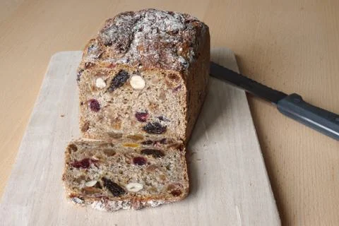 Sliced fruit and nut bread Stock Photos