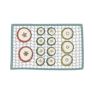 Sliced fruit and vegetables drying on metal grid rack Illustrazione stock