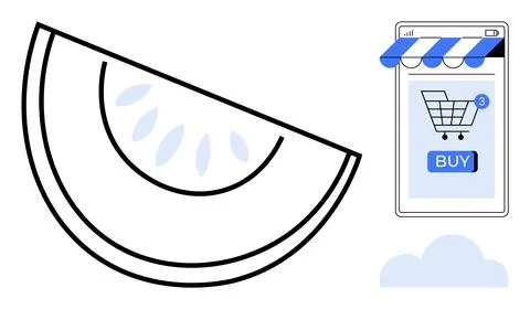 A sliced fruit segment next to a smartphone displaying a shopping cart icon a Illustrazione stock