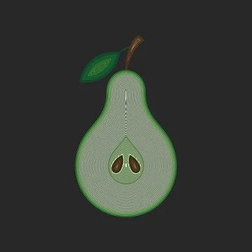 Sliced green pear with leaf, cross section of the fruit from thin lines, line Illustrazione stock