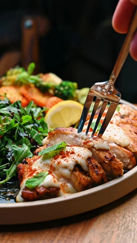 Sliced grilled chicken breast with white sauce and roasted vegetables. Close up Stock-Footage 329511516