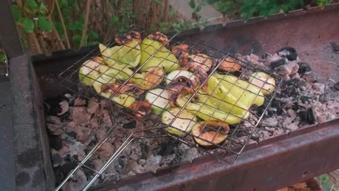 Sliced grilled vegetables on coals. Stock Footage 199585645