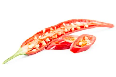 Sliced half and pieced of red chili pepper ingredient Stock Photos