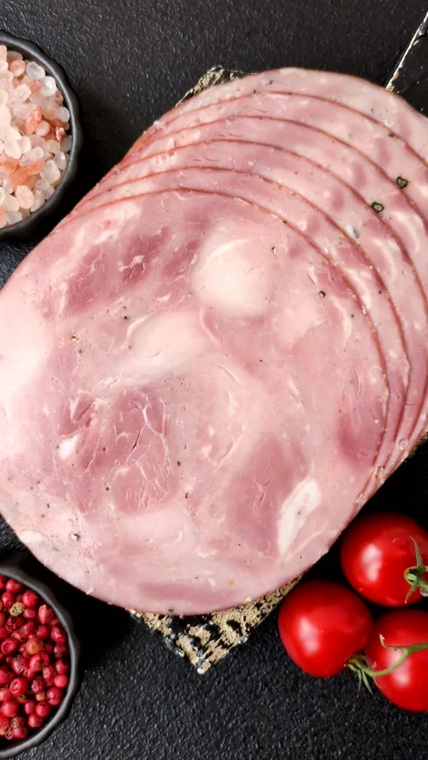 Sliced ham, meat, pork or turkey sausage for sandwiches. Ham slices, food Stock Footage 313452610