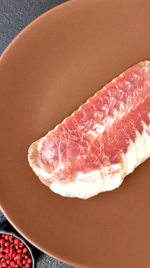 Sliced ham, meat, pork or turkey sausage for sandwiches. Ham slices, food Stock Footage 313662199